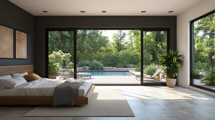 Fototapeta premium Luxurious Bedroom Featuring a Spacious Bed with Elegant Linens Overlooking an Inviting Pool Surrounded by Lush Greenery Creating a Relaxing and Tranquil Atmosphere for Restful Retreats