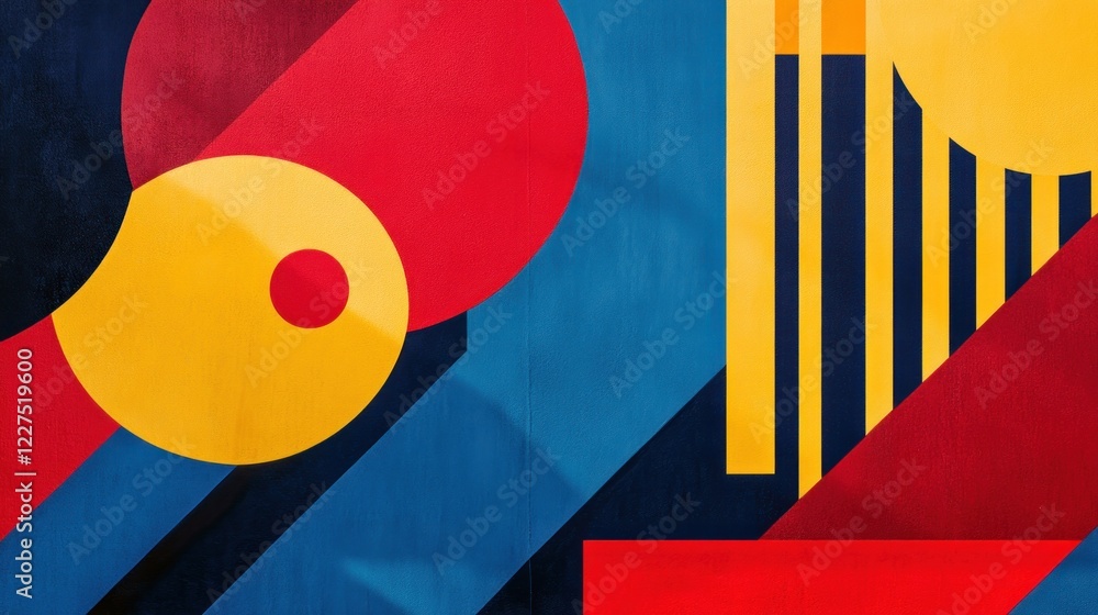 Poster bold geometric patterns of circles and lines in a vibrant mix of blue red and yellow creates a dynam