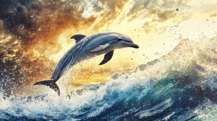 Obraz premium A dolphin leaping out of the ocean with water splashing around it. 