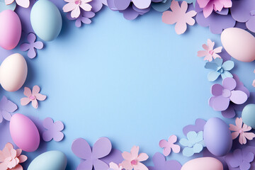 Easter eggs and flowers frame border in paper cut style with space for text in the center. Easter greeting card background.