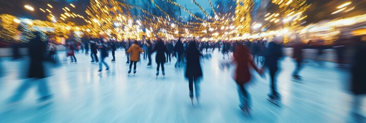 Obraz premium People skate in ice skating rink with holiday decoration and light bokeh.