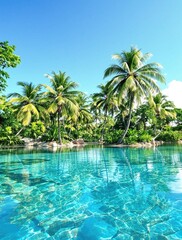 Palm trees swaying gently in the breeze beside a serene calm lake like tropical lagoon, serene, calm, natural, environment
