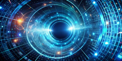 Obraz premium Abstract Technological Tunnel: Blue Wormhole & Big Data, 3D Render