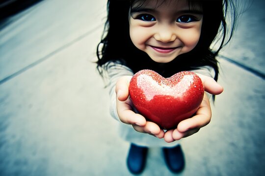 Commercial ad campaign concept art concept art. Sign of love. Ð¡hildren valentine's day greeting card: toddler girl with happy face holds red heart in hands. Family celebration. Child love gift.