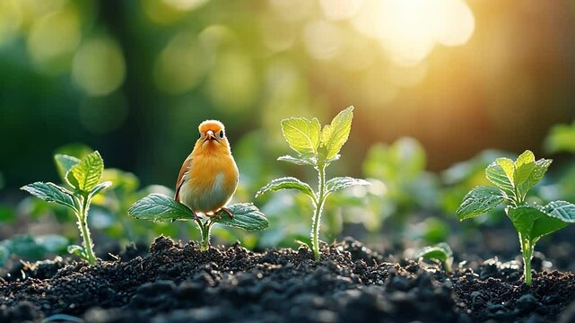 Golden Robin and New Growth: A vibrant orange robin perches amidst tender young shoots, bathed in the warm glow of the morning sun.  A symbol of new beginnings and springtime vitality. 