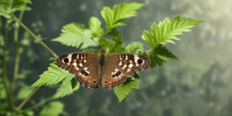 Speckled wood pararge aegeria on green nettle in flight, motion, butterfly