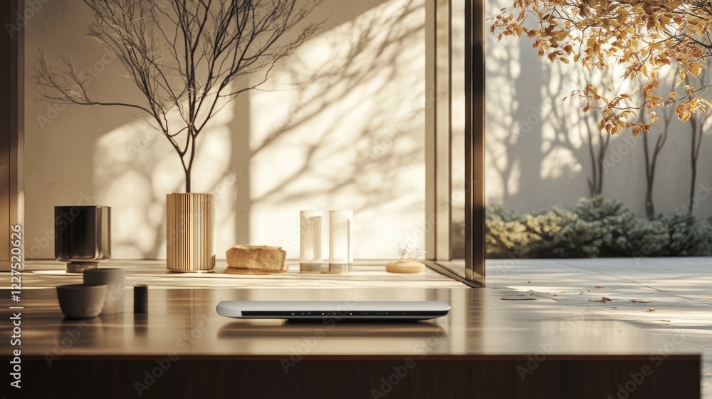 Poster a sleek wireless router sending out signals, connected to various devices in a stylish, modern home,