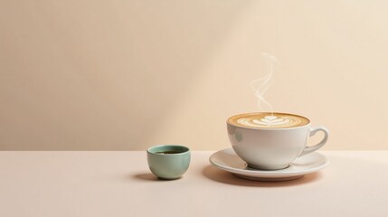 Aromatic Latte Art with a Side of Tea in a Serene Setting