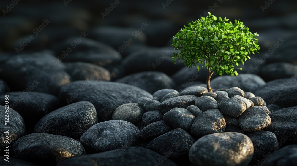Poster a small green tree grows above arranged stones, bathed in deep shadows, offering a peaceful yet myst