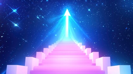 Pink Staircase Ascending Towards A Bright Arrow In The Starry Night Sky