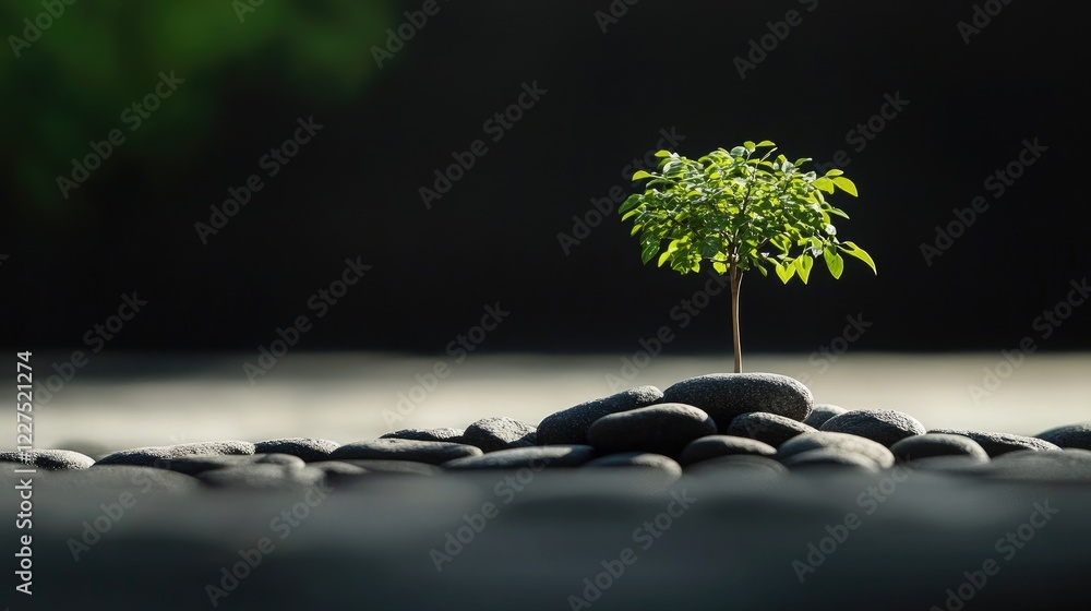 Poster a small green tree grows above carefully placed stones, surrounded by deep shadows, capturing the ha