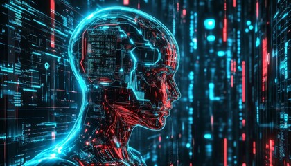 Tech humanoid artificial intelligence neon background