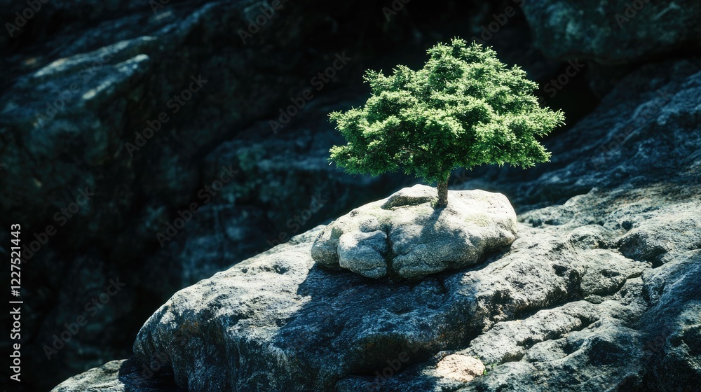 Poster a small green tree perched above stones, surrounded by shadows, creating a dramatic contrast and evo