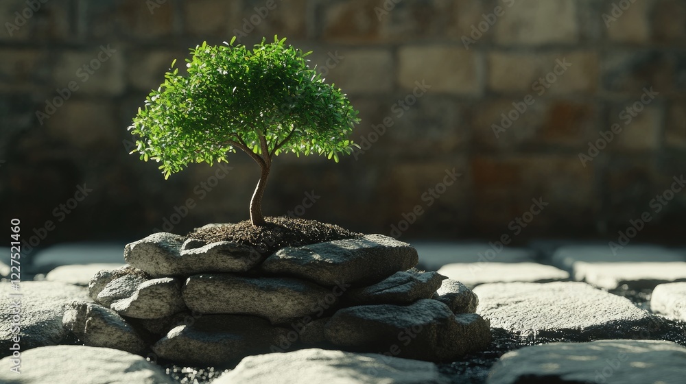 Poster a small green tree perched above stones, surrounded by shadows, creating a dramatic contrast and evo
