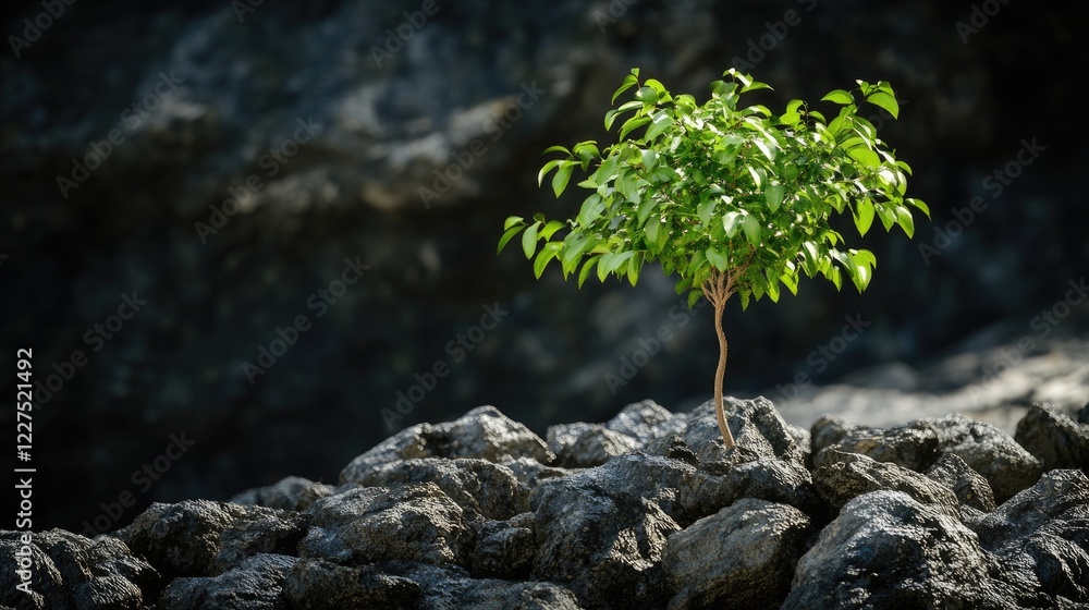 Poster a small green tree perched above stones, surrounded by shadows, creating a dramatic contrast and evo