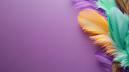 Mardi Gras Carnival mask with copy space featuring rich purple, gold, and emerald feathers, with sparkling beads and intricate details. 