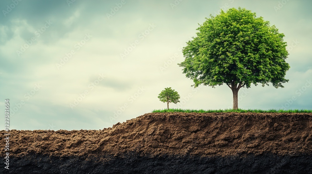 Poster A small tree beside a towering large tree on divided soil, symbolizing growth and progression in nature, with clear stages of development in one frame