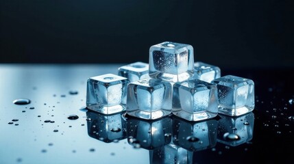 Icy Cubes Glistening on a Reflective Surface, a Cool and Refreshing Still Life of Translucent Frozen Water