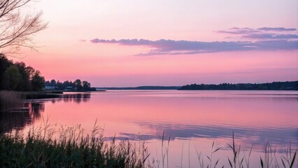 Obraz premium Soft pink pastel sunset over a serene lake, water's edge, peaceful evening sky, tranquil atmosphere