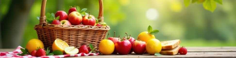 Vibrant summer picnic basket overflowing with fresh fruit and sandwiches, tomatoes, sandwich