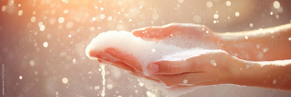 Poster sparkling clean close-up of hands lathering up with soap, sunlight filtering through