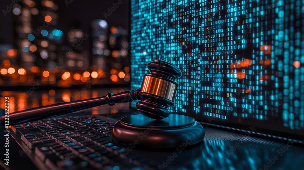 Poster judge s gavel and binary code the intersection of law, technology, and the digital age.