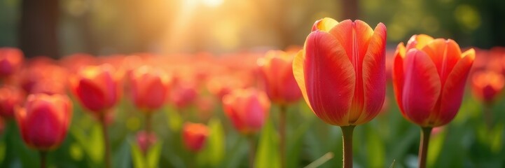 Vibrant tulips, glistening dew drops, morning light, texture, flora