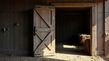 Rustic Wooden Door Ajar Revealing Hay-Filled Interior of a Simple Structure