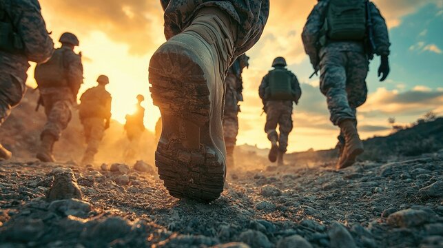 A dynamic scene of soldiers in action, marching confidently in a rugged terrain, with a pair of sleek and modern shoes prominently displayed 