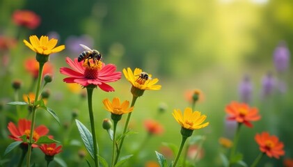 Obraz premium Vibrant wildflowers bloom, attracting diverse insects , spring, wildlife