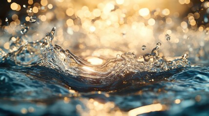 Beautiful close-up of water ripples with shimmering sunlight reflections and sparkling droplets in a dreamy and calming atmosphere.