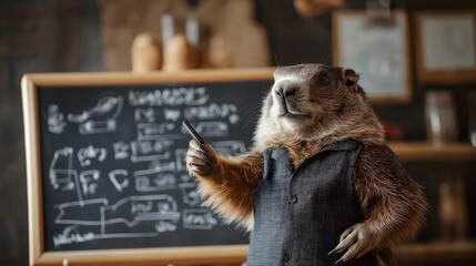 Meteorologist in a suit presents weather forecasts while pointing at a chalkboard diagram