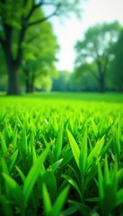 Wide expanse of emerald grass, trees in background, background, wild
