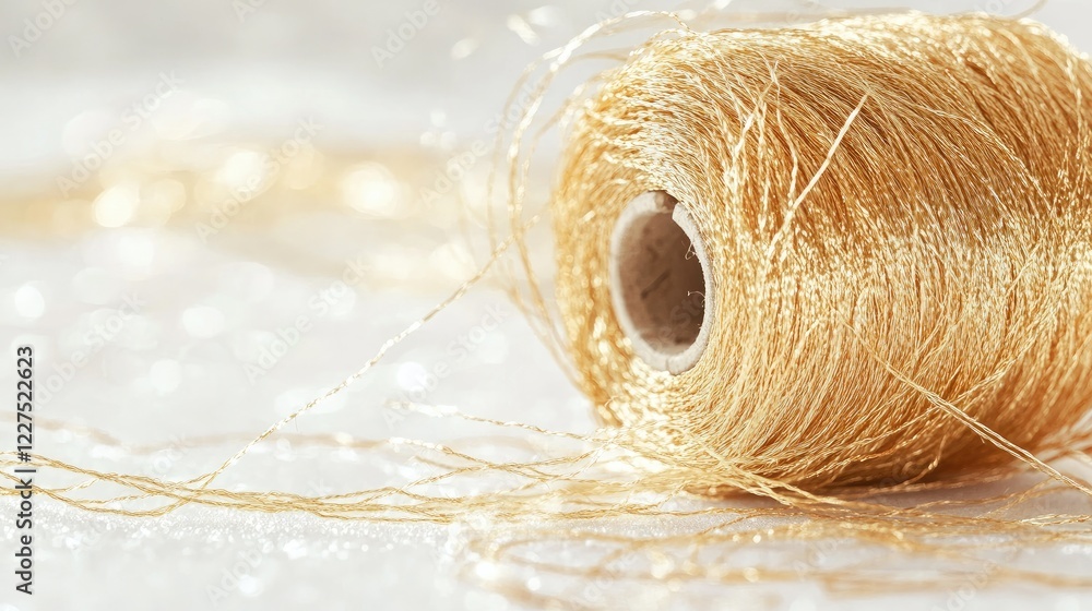 Poster a spool of golden thread unraveling in a messy tangle, its shimmering strands scattered across a whi