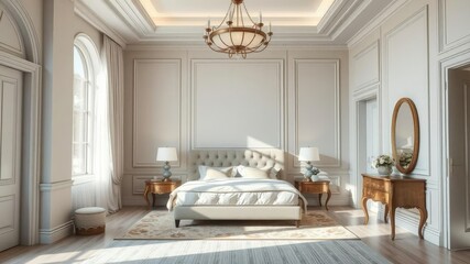 Softly lit elegant bedroom with high ceilings, peaceful atmosphere, elegant decor, serene surroundings