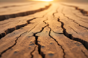 Obraz premium Dry, cracked earth with a textured, brown surface reveals the harsh reality of drought