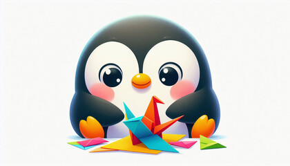 Fototapeta premium Cute penguin with big eyes carefully making an origami crane at a table