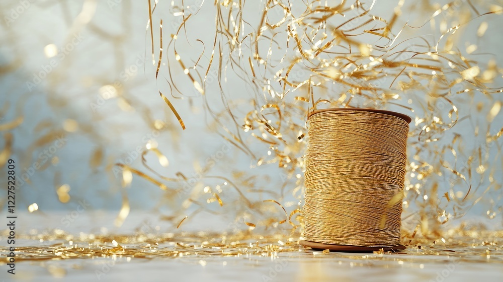 Poster A spool of golden thread unraveling into a messy tangle, creating an elegant yet chaotic visual on a clean surface, reflecting the intricate nature of artistry