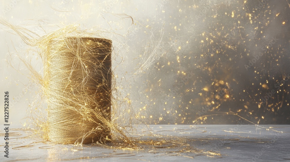 Poster A spool of golden thread unraveling into a messy tangle, creating an elegant yet chaotic visual on a clean surface, reflecting the intricate nature of artistry