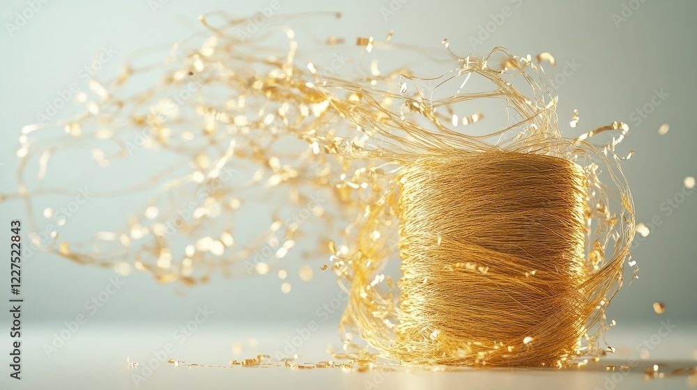 Poster A spool of golden thread unraveling into a messy tangle, creating an elegant yet chaotic visual on a clean surface, reflecting the intricate nature of artistry
