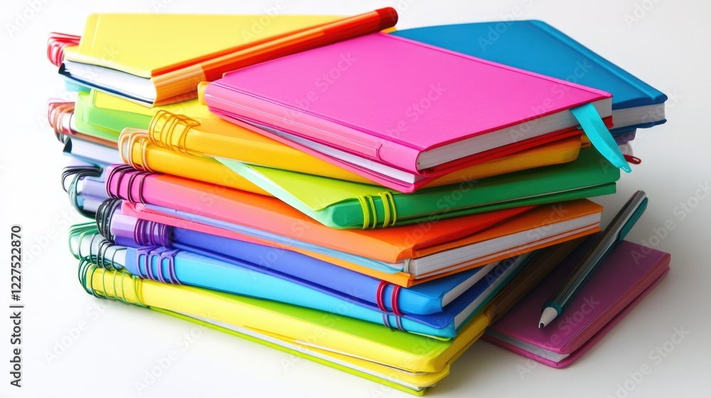 Poster A stack of colorful notebooks in varying shades, surrounded by highlighters and sticky notes, arranged on a clean white surface for a cheerful workspace look