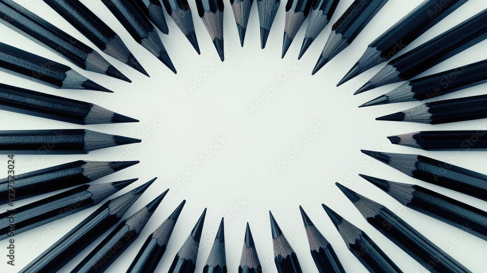 Poster a striking radial arrangement of black pencils, perfectly symmetrical on a white background, creatin