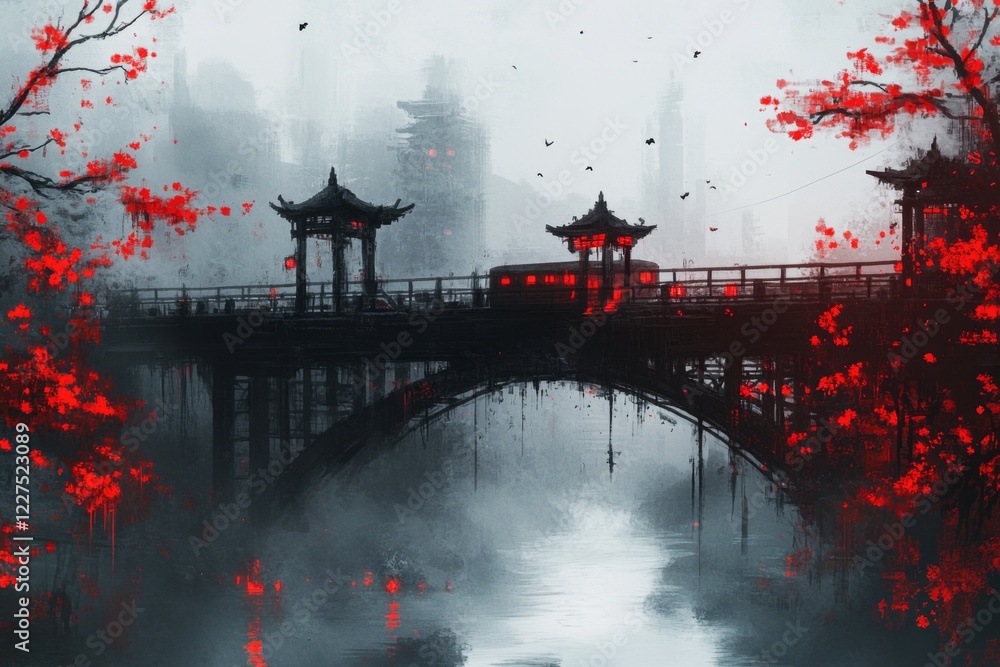 Poster A pixel art scene of a character facing a destroyed bridge in a retro video game, with animated water flowing below and a clear sense of halted progress