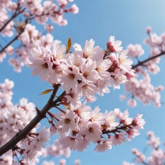 Obraz premium Softly glowing petals of cherry blossoms against a clear blue sky on a warm spring morning, peaceful, blossom