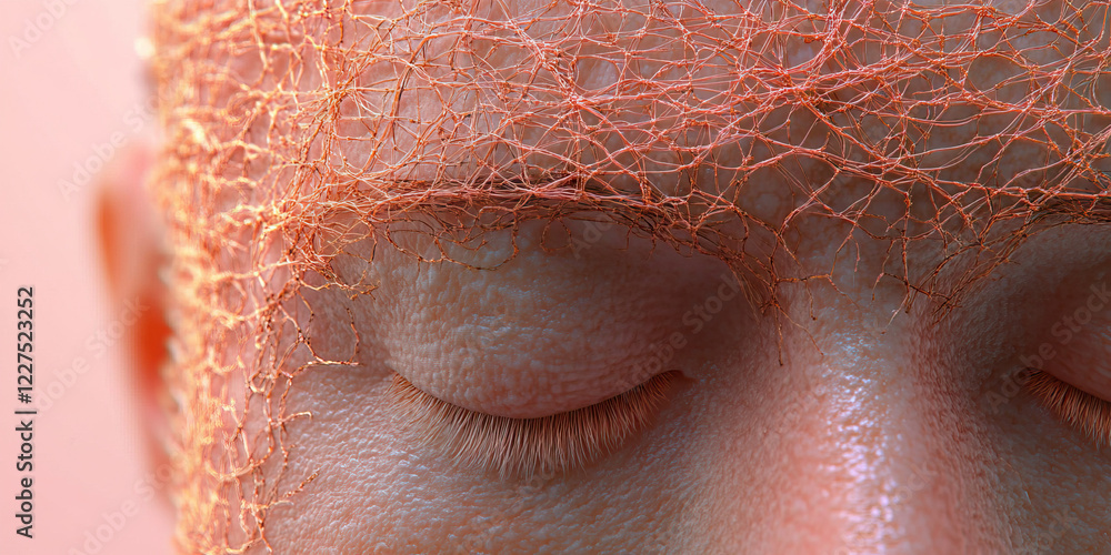 Poster close-up of face partially covered by orange netting