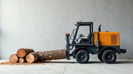 Obraz premium A small industrial vehicle carries a large log against a neutral backdrop. The compact machine is shown transporting timber, exhibiting its capabilities in a simple yet effective demonstration.
