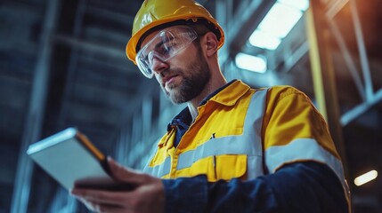 Industrial Worker Focused on Tablet in Modern Workplace