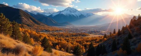 Fototapete Rund Colorado Springs nestled in Pikes Peak's shadow, sunlit cityscape , mountains, photography © sawaratch