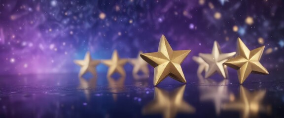 Soft focus golden stars against an abstract blue and purple background blur, soft focus stars, dreamy