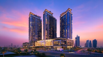 A stunning panoramic view of the high rises along Sheikh Zayed Road, bathed in the glowing hues of twilight, showcasing the city modern architecture and vibrancy
